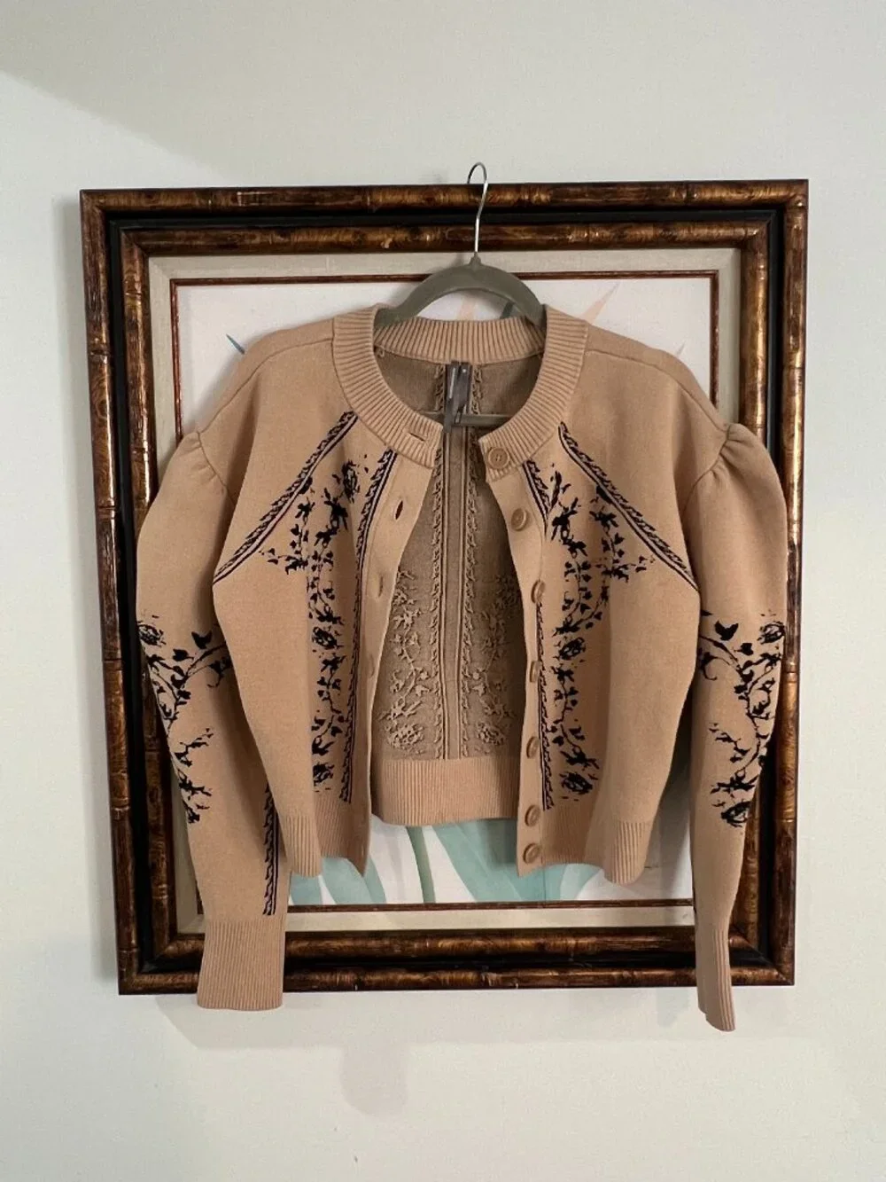 Anthropologie Embroidered Cardigan XS | Tan Floral Knit | Feminine Puff Sleeve - Picture 2 of 15